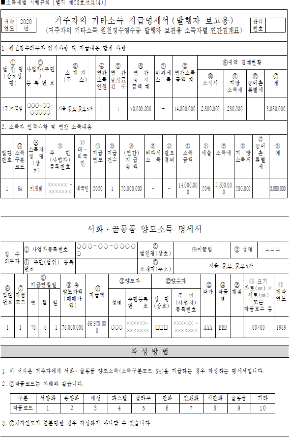 「서화·골동품 양도소득 명세서」, 지급명세서 서식 : 자세한 내용은 한글파일을 다운로드하여 참고